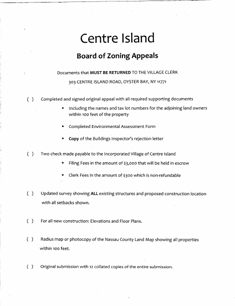 First page of the Zoning Board of Appeals Application