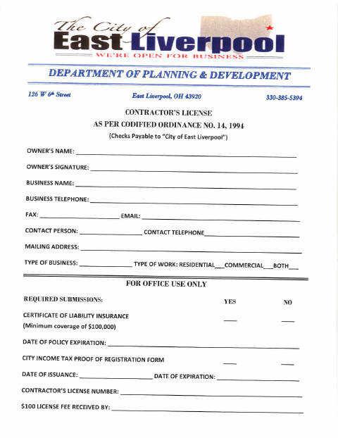 First page of the Contractor's License Application
