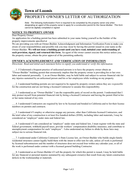 First page of the Owner-Builder Acknowledgment and Information Verification Form