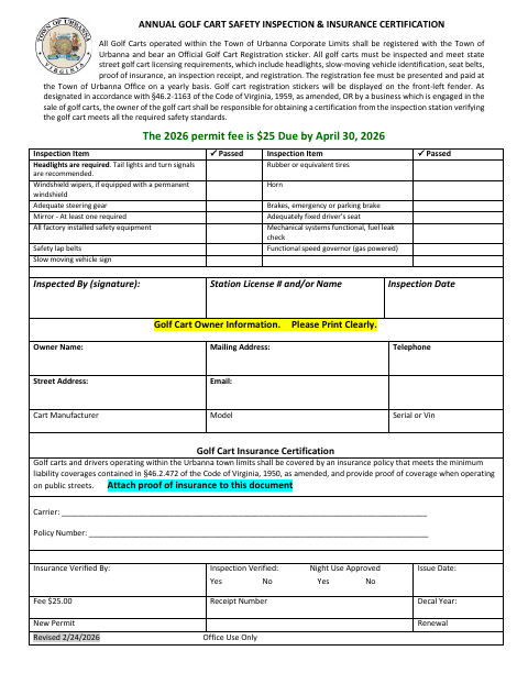 First page of the Annual Golf Cart Safety Inspection & Insurance Certification