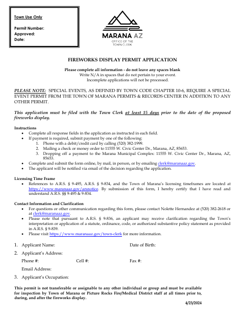 First page of the Fireworks Display Permit Application