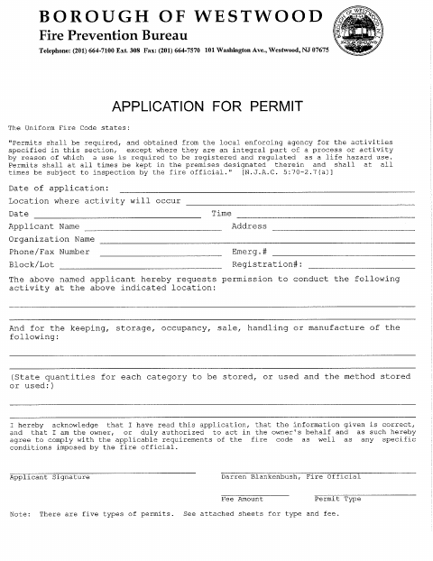 First page of the Fire Prevention Application for Permit