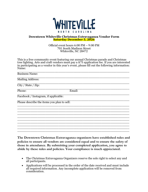 First page of the Christmas Extravaganza Arts And Crafts Vendor Form