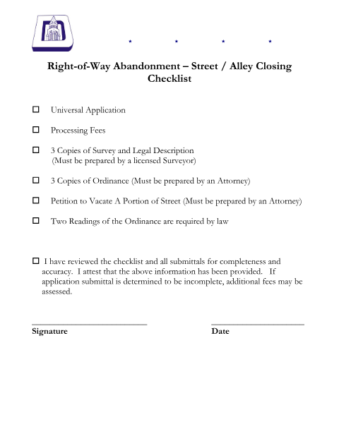 First page of the Right-of-Way, Alley and Street Closing Checklist and Universal Application