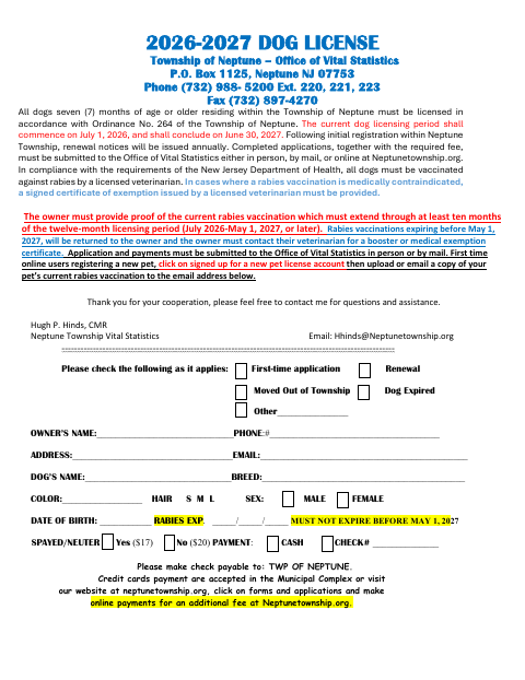 First page of the 2026–2027 Dog License Application