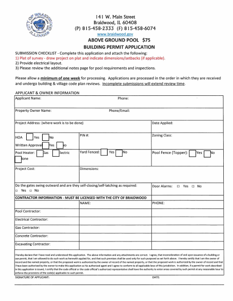 First page of the Above-Ground Pool Permit Application