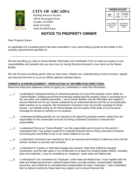 First page of the Owner-Builder Declaration