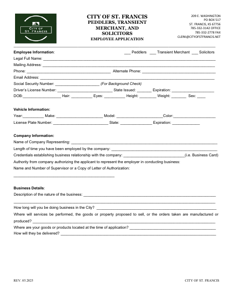 First page of the Peddler, Transient Merchant, and Solicitor Employee Application