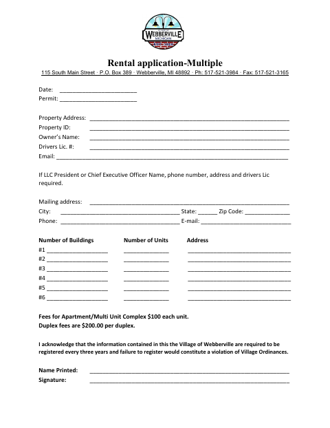 First page of the Multiple Rental Application