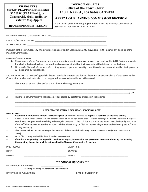 First page of the Appeal Of Planning Commission Decision