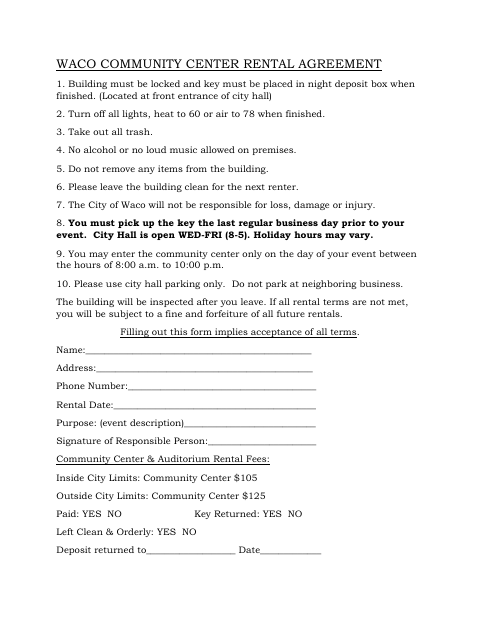 First page of the Community Center Rental Agreement