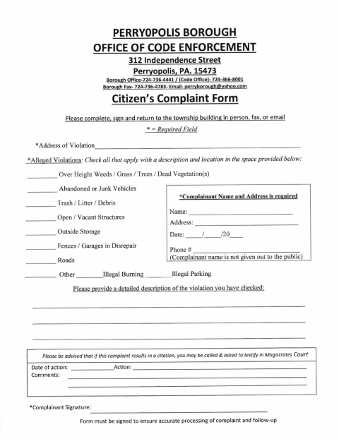 First page of the Property Complaint Form