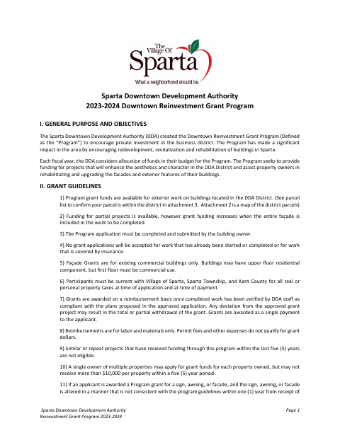 First page of the Downtown Reinvestment Grant Application 2023-2024