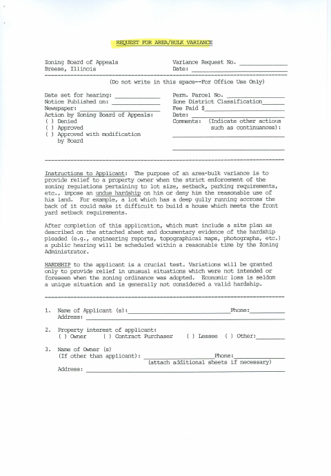 First page of the Area/Bulk Variance Request
