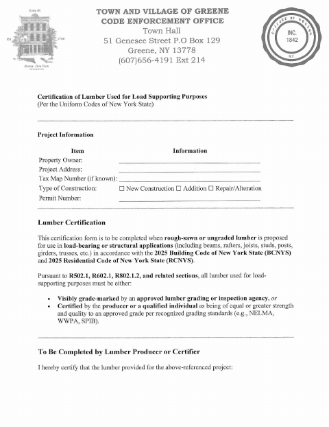 First page of the Certification of Lumber Used for Load Supporting Purposes