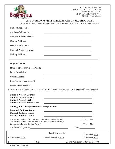 First page of the Application for Alcohol Sales