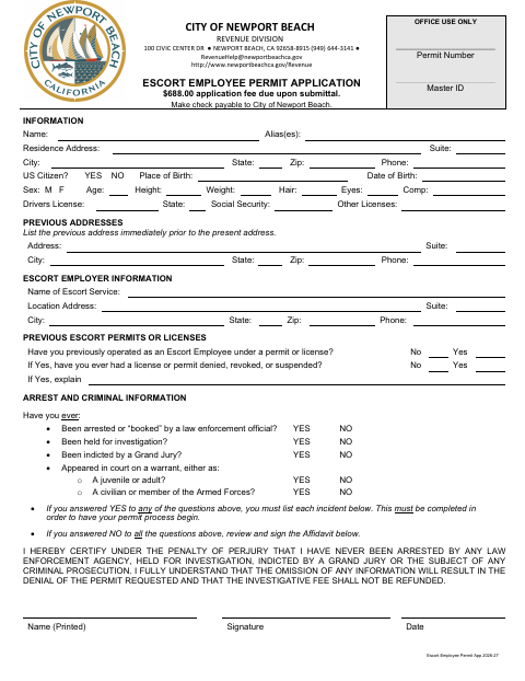 First page of the Escort Employee Permit Application