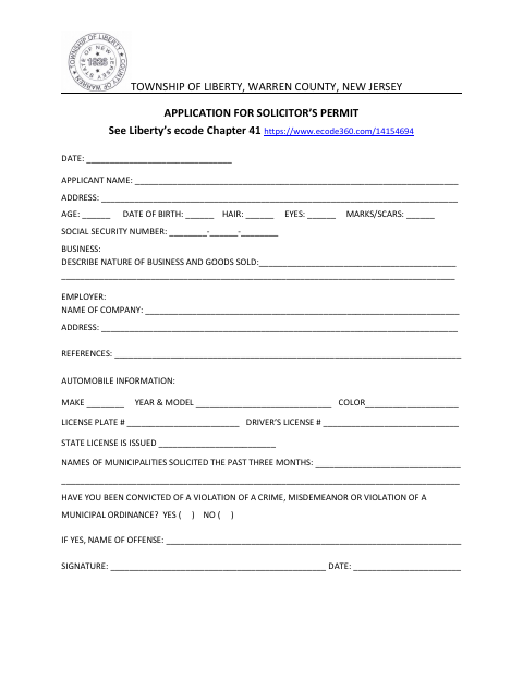 First page of the Application for Solicitor’s Permit