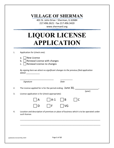 First page of the Liquor License Application