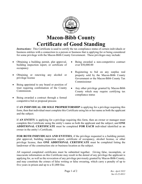 First page of the Certificate of Good Standing (Tax Commissioner)