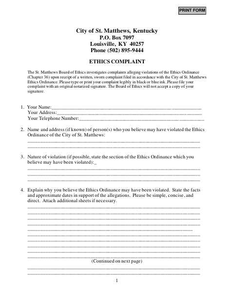 First page of the Ethics Complaint