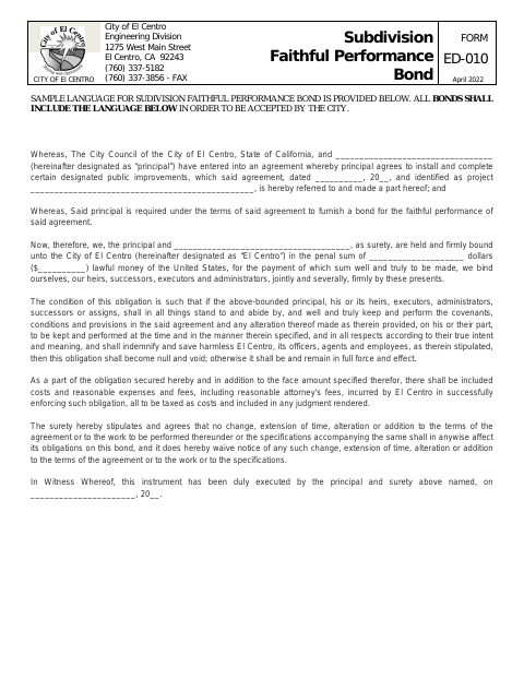 First page of the Subdivision Faithful Performance Bond