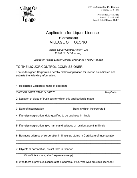 First page of the Corporate Liquor License Application