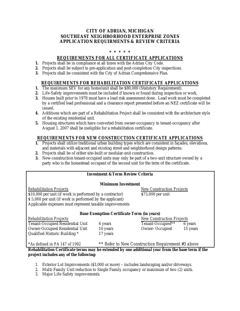 First page of the Neighborhood Enterprise Zone Application Packet