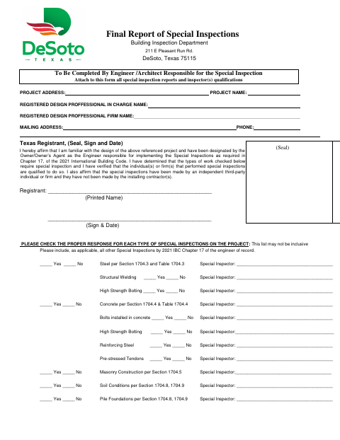 First page of the Final Report of Special Inspections