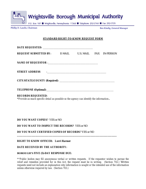First page of the Standard Right-to-Know Request Form