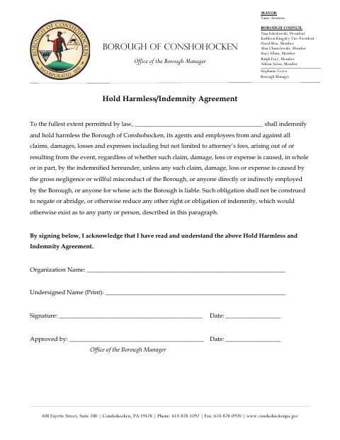First page of the Hold Harmless/Indemnity Agreement
