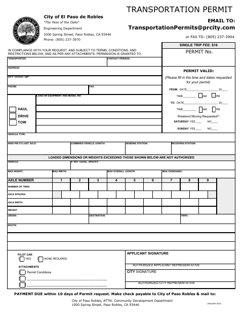 First page of the Transportation Permit