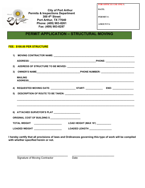 First page of the Structural Moving Permit Application