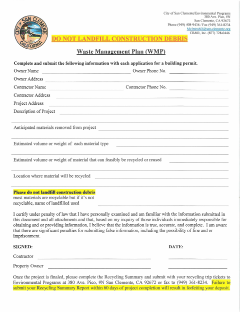 First page of the Waste Management Plan