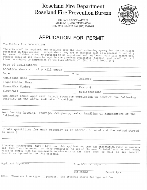 First page of the Fire Prevention Bureau Permit Application