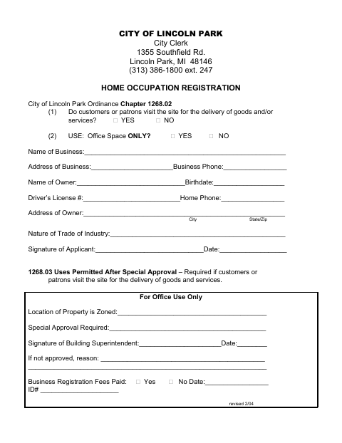 First page of the Home Occupation Registration