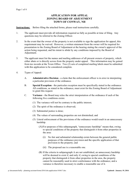 First page of the Zoning Board of Adjustment Appeal Application