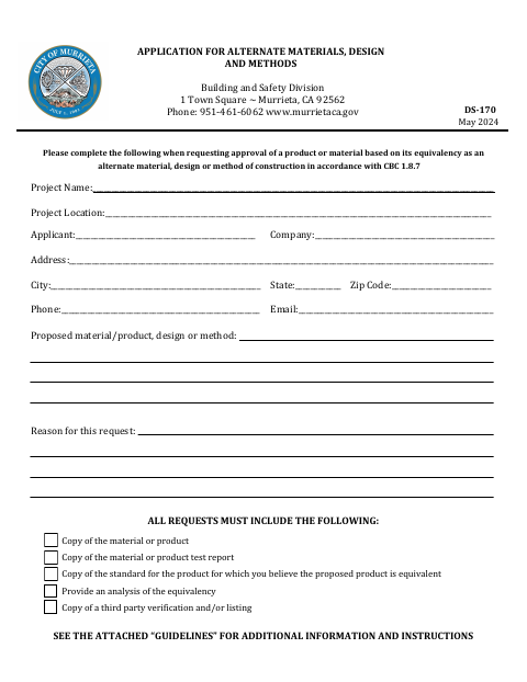 First page of the Application for Alternate Materials, Design and Methods