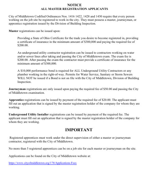 First page of the Master Contractor Registration Application