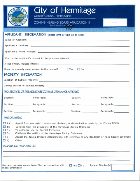 First page of the Zoning Hearing Board Appeal Application