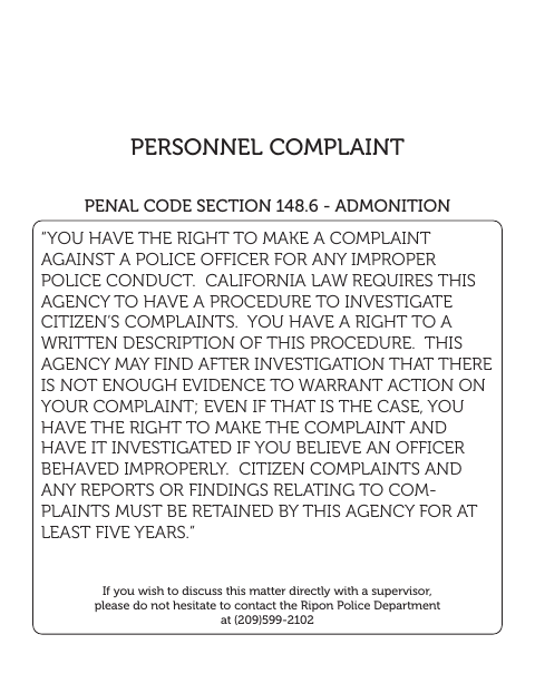 First page of the Personnel Complaint Form