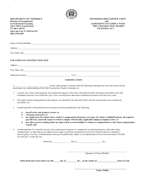 First page of the Owner/Builder Certification and Agreement