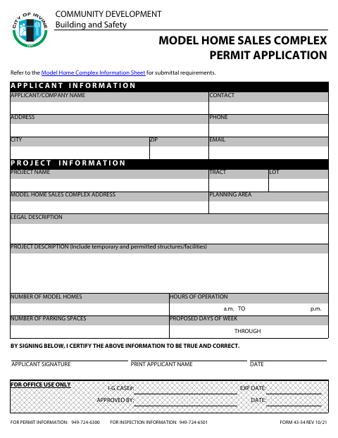 First page of the Model Home Sales Complex Permit Application