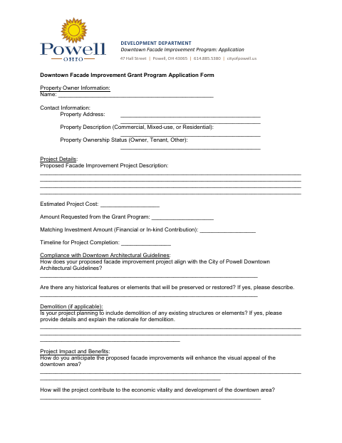 First page of the Downtown Facade Improvement Grant Program Application Form