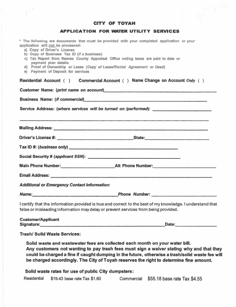 First page of the Application for Water Utility Services
