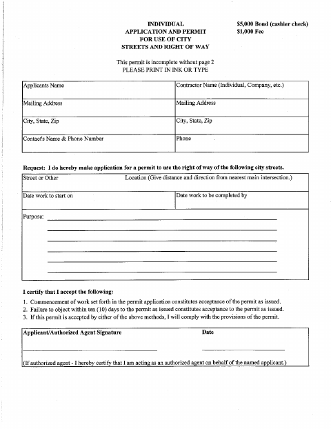 First page of the Street Cut Permit Application for Use of City Streets and Right of Way