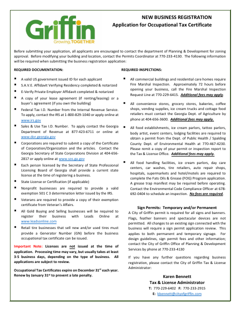 First page of the Application for Occupational Tax Certificate