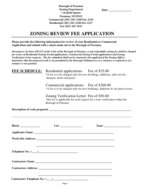 First page of the Zoning Review Fee Application