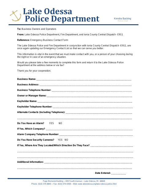 First page of the Emergency Business Contact Form