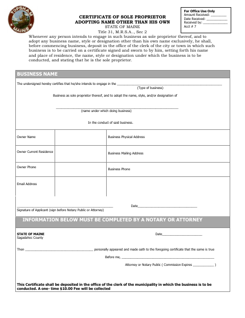 First page of the Certificate of Sole Proprietor Adopting Name